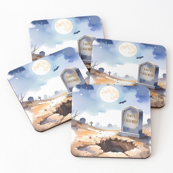 Artikelvorschau, Happy Halloween Friedhof mit offenem Grab, Wasserfarben  entworfen und verkauft von LiskoDesign.