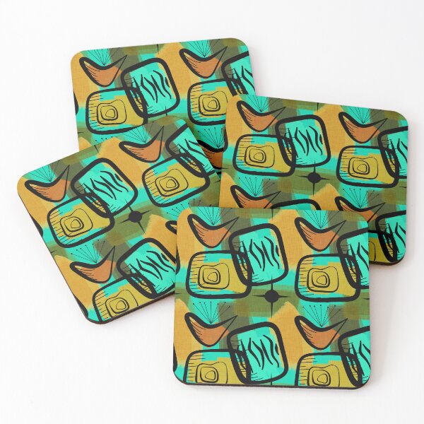 Item preview, Snazzy Fifties Mid-Century Modern Style Plants Aqua Gold Green designed and sold by CheriesArt.