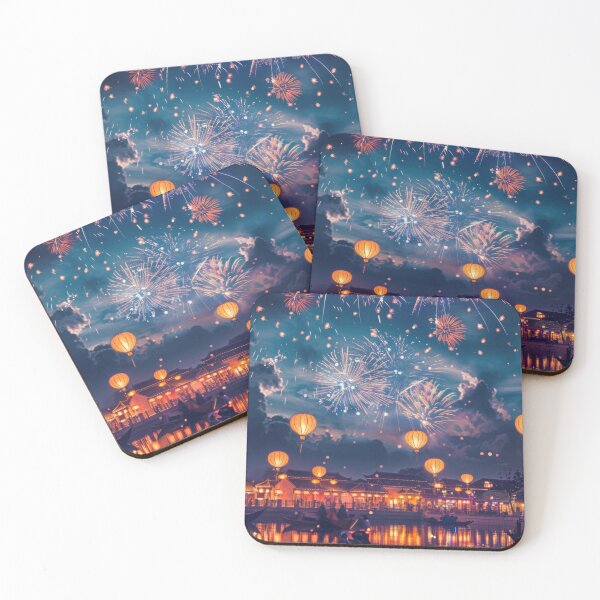 Item preview, Traditional Chinese lanterns against fireworks in night sky, background, AI generated designed and sold by dvoevnore.