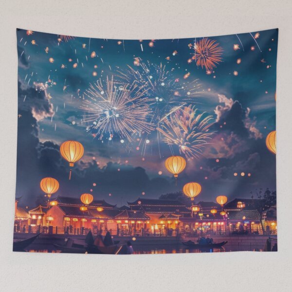 Item preview, Traditional Chinese lanterns against fireworks in night sky, background, AI generated designed and sold by dvoevnore.