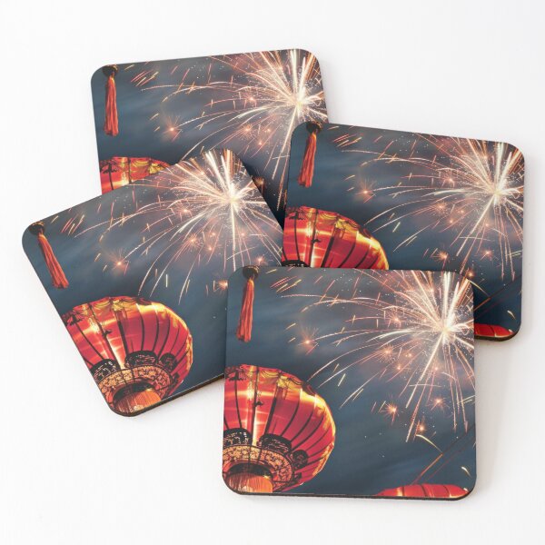 Item preview, Traditional Chinese lanterns against fireworks in night sky, background, AI generated designed and sold by dvoevnore.