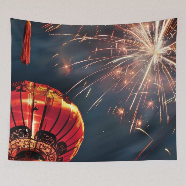 Item preview, Traditional Chinese lanterns against fireworks in night sky, background, AI generated designed and sold by dvoevnore.