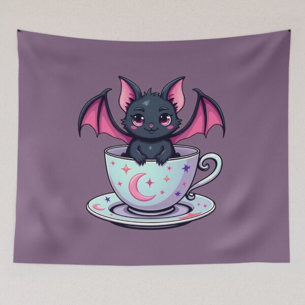 Item preview, Cute Kawaii Bat in Moon Teacup - Spooky Gothic Art designed and sold by driftwellstudio.