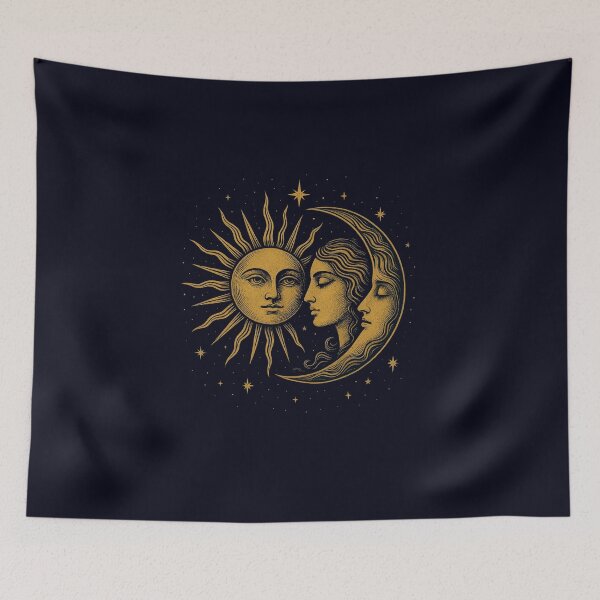 Item preview, Celestial Sun and Moon with Aphrodite – Mystical Dark Blue & Gold Design designed and sold by CreationbyNiki.