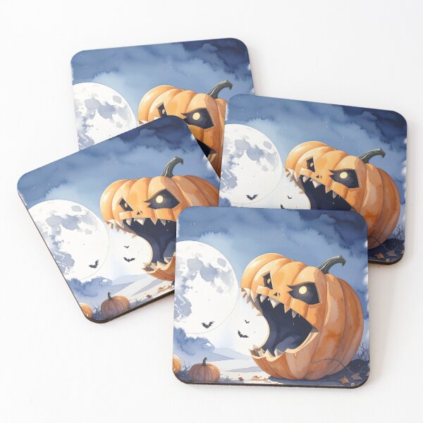 Item preview, Halloween, giant pumpkin trying to eat the moon, watercolors designed and sold by LiskoDesign.