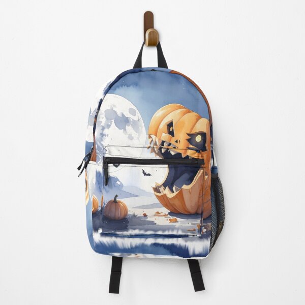 Item preview, Halloween, giant pumpkin trying to eat the moon, watercolors designed and sold by LiskoDesign.