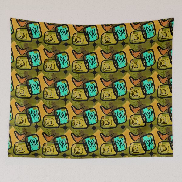 Item preview, Snazzy Fifties Mid-Century Modern Style Plants Gold Green Aqua Orange designed and sold by CheriesArt.