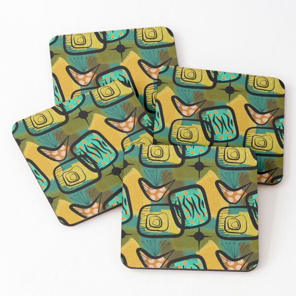 Item preview, Mid-Century Modern Style Plants Gold Green Aqua Orange designed and sold by CheriesArt.