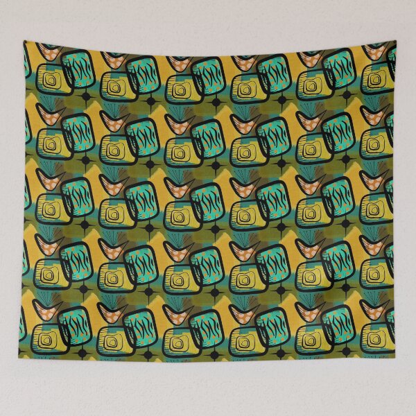 Item preview, Mid-Century Modern Style Plants Gold Green Aqua Orange designed and sold by CheriesArt.