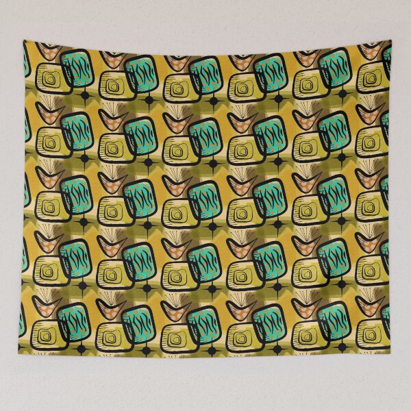 Item preview, Mid-Century Modern Style Plants Gold Green Aqua Orange designed and sold by CheriesArt.