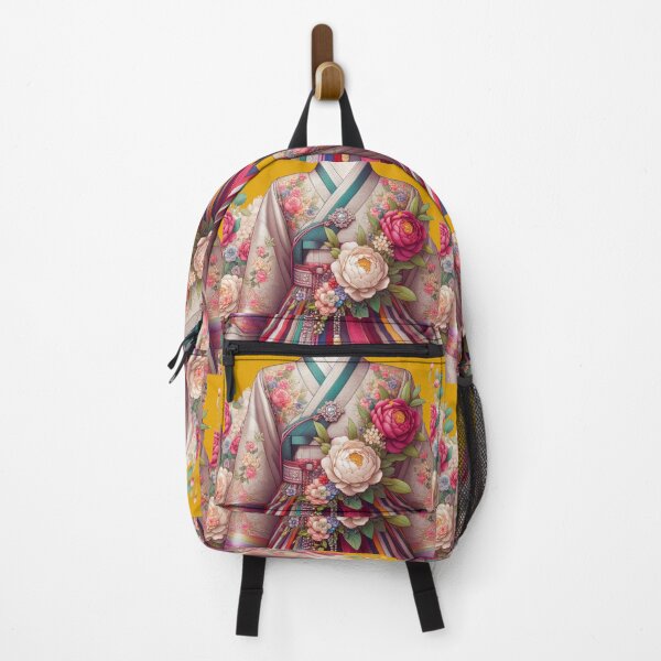 Item preview, Elegant Korean Hanbokwith Rose & Peony Patterns, Colorful Stripes, designed and sold by PaintMeWorld.