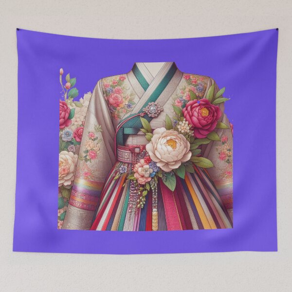 Item preview, Elegant Korean Hanbokwith Rose & Peony Patterns, Colorful Stripes, designed and sold by PaintMeWorld.
