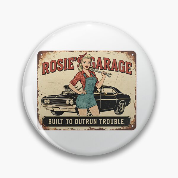 Item preview, Rosie's Garage - Built to Outrun Trouble - Pin-Up Mechanic Sign designed and sold by RedDelaney.