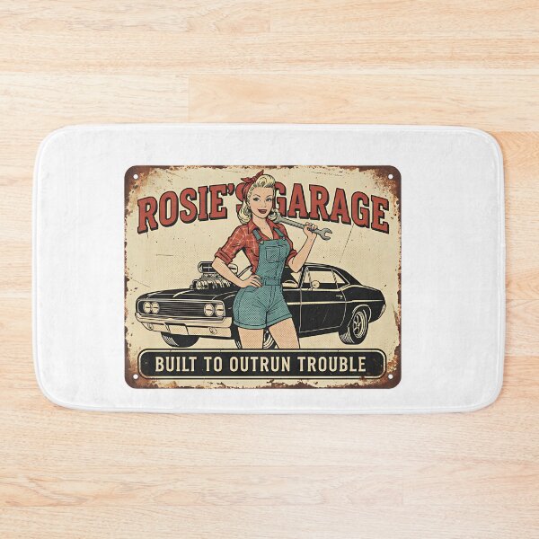 Item preview, Rosie's Garage - Built to Outrun Trouble - Pin-Up Mechanic Sign designed and sold by RedDelaney.