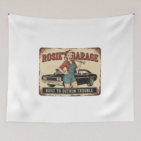 Item preview, Rosie's Garage - Built to Outrun Trouble - Pin-Up Mechanic Sign designed and sold by RedDelaney.