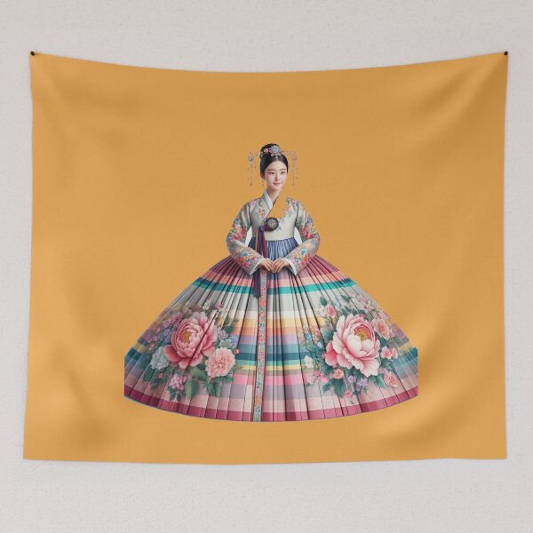 Item preview,  Elegant Korean Hanbokwith Rose & Peony Patterns, Colorful Stripes, designed and sold by PaintMeWorld.