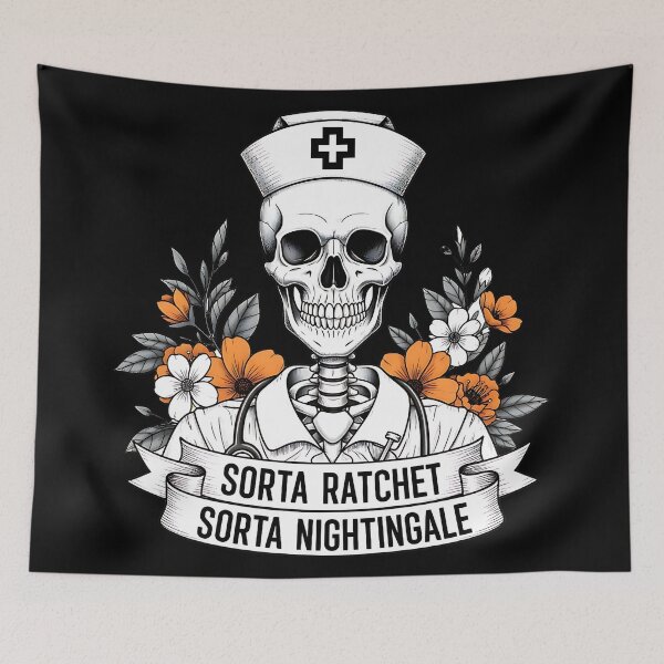 Item preview, Sorta Ratchet Sorta Nightingale Funny Nurse Skull Floral Banner designed and sold by ArtDesignTp.