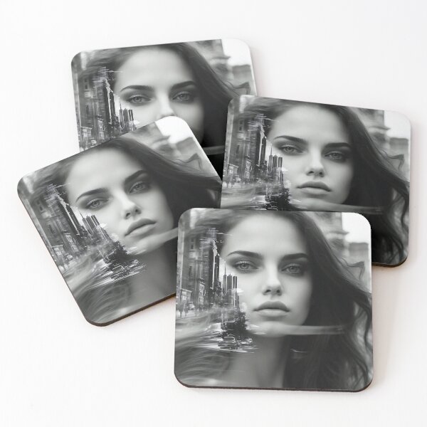Item preview, Monochrome Double Exposure City Girl Portrait designed and sold by ShadeScapeArt.