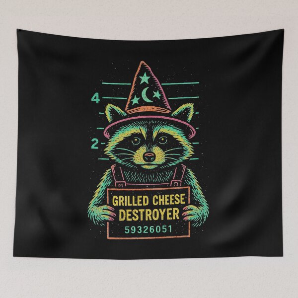 Item preview, Grilled Cheese Destroyer Raccoon Mugshot – Neon Wizard Hat Retro Humor designed and sold by Victor Shadehorn.
