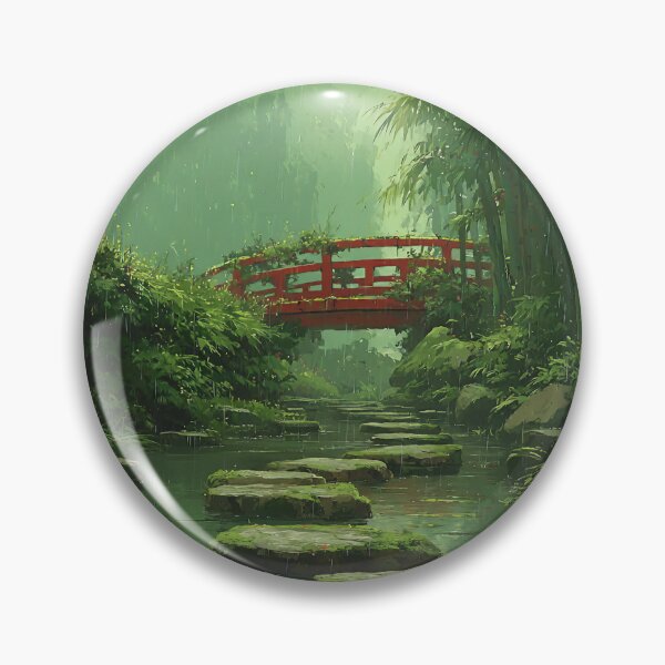 Item preview, Japanese bamboo forest in summer rain with red bridge – Zen art motif designed and sold by Meiersbeste.