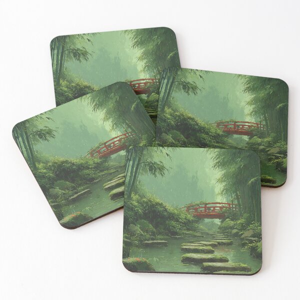 Item preview, Japanese bamboo forest in summer rain with red bridge – Zen art motif designed and sold by Meiersbeste.