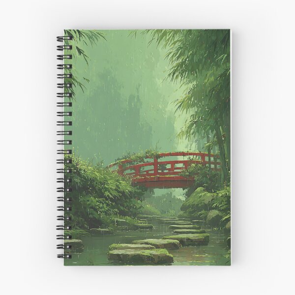 Item preview, Japanese bamboo forest in summer rain with red bridge – Zen art motif designed and sold by Meiersbeste.