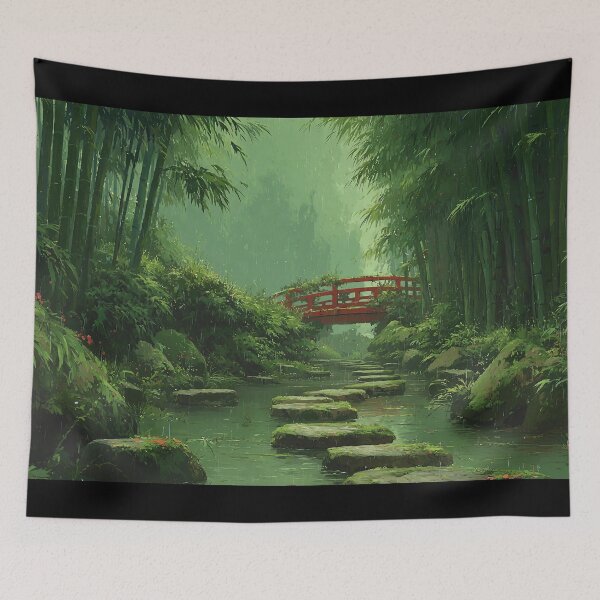 Item preview, Japanese bamboo forest in summer rain with red bridge – Zen art motif designed and sold by Meiersbeste.