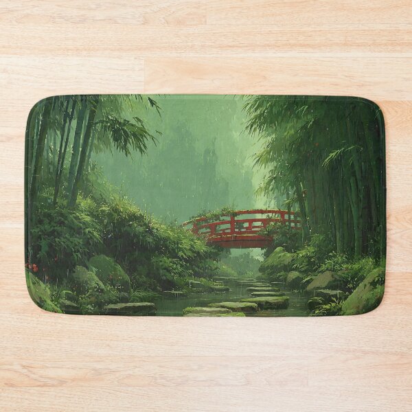 Item preview, Japanese bamboo forest in summer rain with red bridge – Zen art motif designed and sold by Meiersbeste.