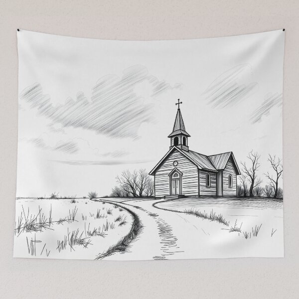 Item preview, Black and White Hilltop Church Sketch designed and sold by ShadeScapeArt.