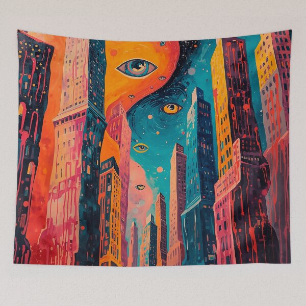 Item preview, Psychedelic Surreal Cityscape – Cosmic Skyscrapers and Floating Eyes designed and sold by CosmicShapes.