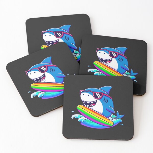 Item preview, Chibi Shark Surfer Kawaii Summer T-Shirt Design | Funny Cute Shark Riding Rainbow Waves designed and sold by ColorSplash123.