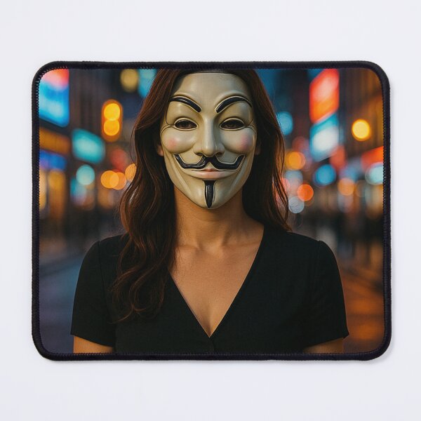 Item preview, Guy Fawkes Mask in Neon City – Photorealistic Female Portrait Surreal Urban Art Print designed and sold by Transcend Modern.