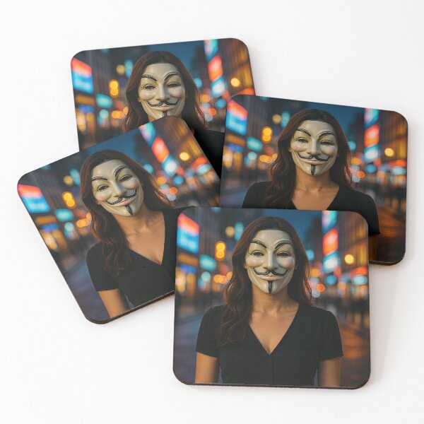 Item preview, Guy Fawkes Mask in Neon City – Photorealistic Female Portrait Surreal Urban Art Print designed and sold by Transcend Modern.