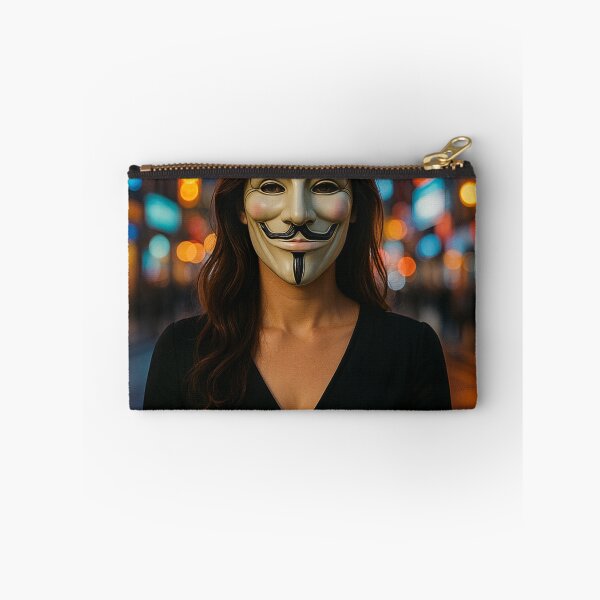 Item preview, Guy Fawkes Mask in Neon City – Photorealistic Female Portrait Surreal Urban Art Print designed and sold by Transcend Modern.