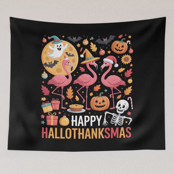 Item preview, Happy Hallothanksmas Flamingo Halloween Thanksgiving Xmas designed and sold by Sunset4Bones.