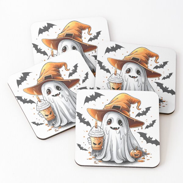 Item preview, Cute Halloween Ghost with Witch Hat and Pumpkin Latte designed and sold by thirteen-studio.