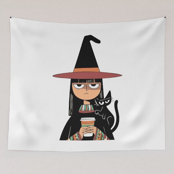 Item preview, Grumpy witch with coffee & black cat – Halloween illustration designed and sold by idgafstudio.ch.