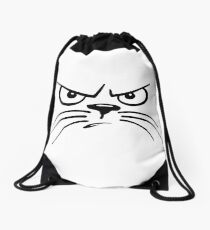 black and white grumpy cat with whiskers Drawstring Bag