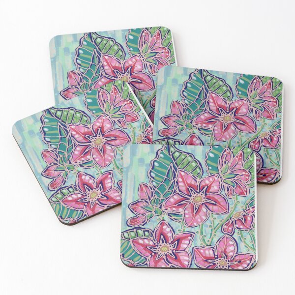 Item preview, Pink Tropical Flowers on Teal Blue Background - Hand Painted Botanical Art Print designed and sold by minzi makes.