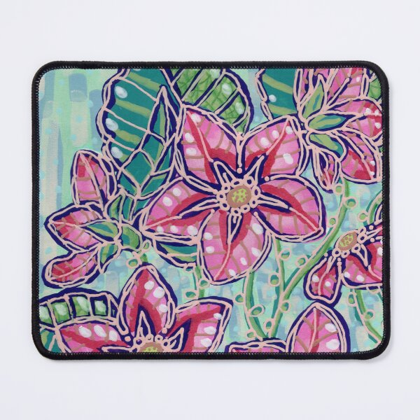 Item preview, Pink Tropical Flowers on Teal Blue Background - Hand Painted Botanical Art Print designed and sold by minzi makes.