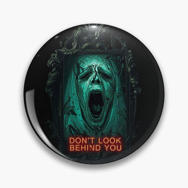 Item preview, Creepy haunted mirror showing a ghostly face screaming inside, shards of glass floating, text Don’t Look Behind You 1 designed and sold by Neon G.