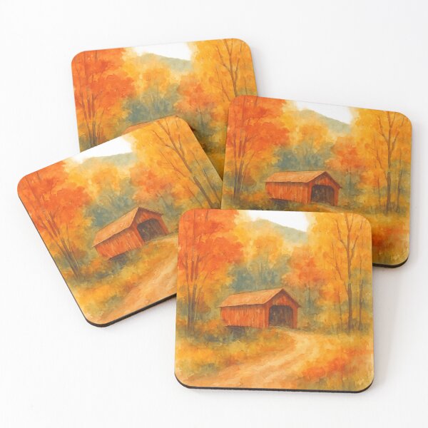 Item preview, Watercolor Autumn Covered Bridge – Rustic Fall Landscape Art designed and sold by Kaehaniz.