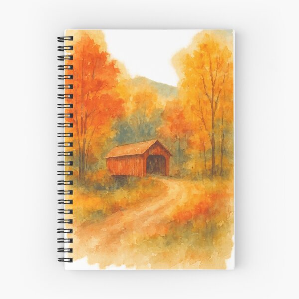 Artikelvorschau, Aquarell Herbst überdachte Brücke – Rustikale Herbstlandschaftskunst entworfen und verkauft von Kaehaniz.