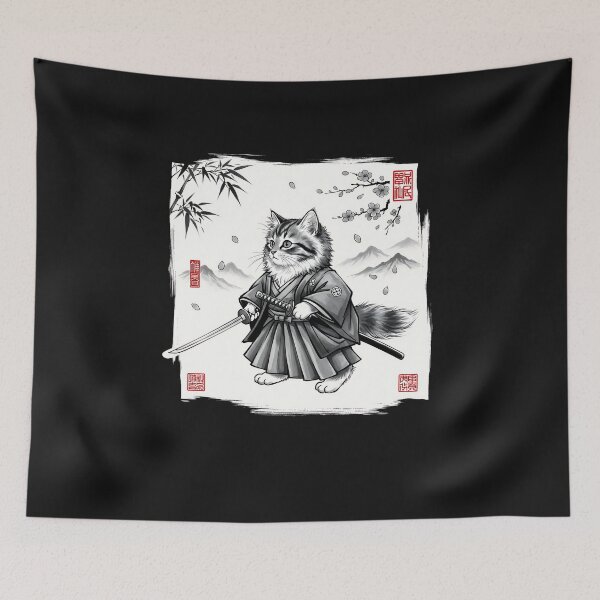 Item preview, Samurai Cat Japanese Art Sumi-e Novelty Kawaii Funny Cat  designed and sold by cawtoon.