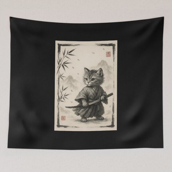 Item preview, Samurai Cat Japanese Art Sumi-e Novelty Kawaii Funny Cat  designed and sold by cawtoon.