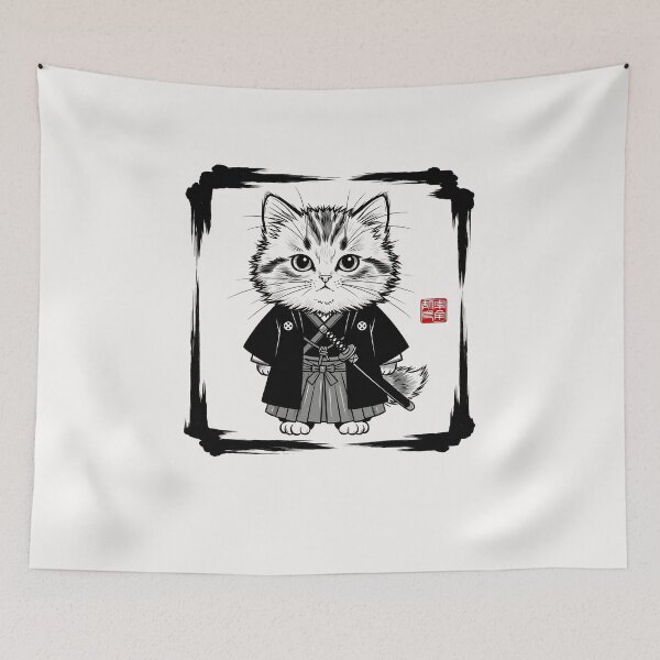Item preview, Samurai Cat Japanese Art Sumi-e Novelty Kawaii Funny Cat designed and sold by cawtoon.