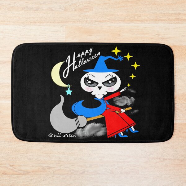 Item preview, A skull witch is flying through the sky, watching the world below to celebrate Halloween. designed and sold by Shirley cute art .