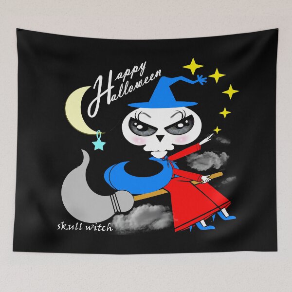 Item preview, A skull witch is flying through the sky, watching the world below to celebrate Halloween. designed and sold by Shirley cute art .