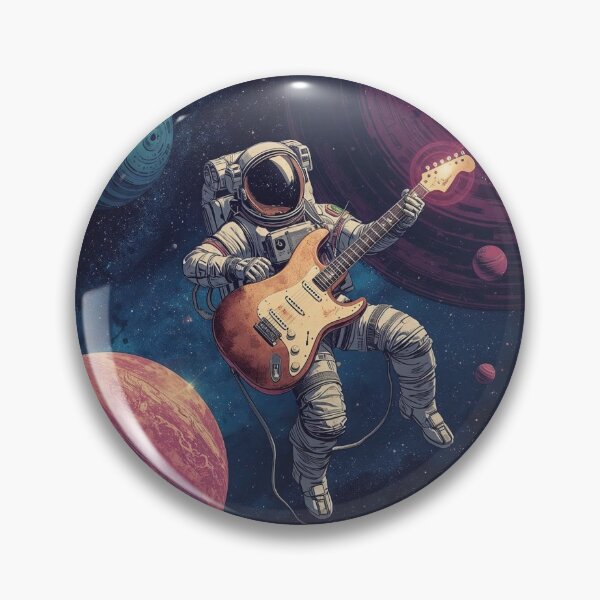 Item preview,  The astronaut grips a shimmering electric guitar, its body stylized as a gleaming sword, held defensively.  designed and sold by NoiseWear.
