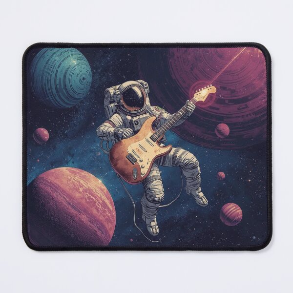 Item preview, The astronaut grips a shimmering electric guitar, its body stylized as a gleaming sword, held defensively. designed and sold by NoiseWear.